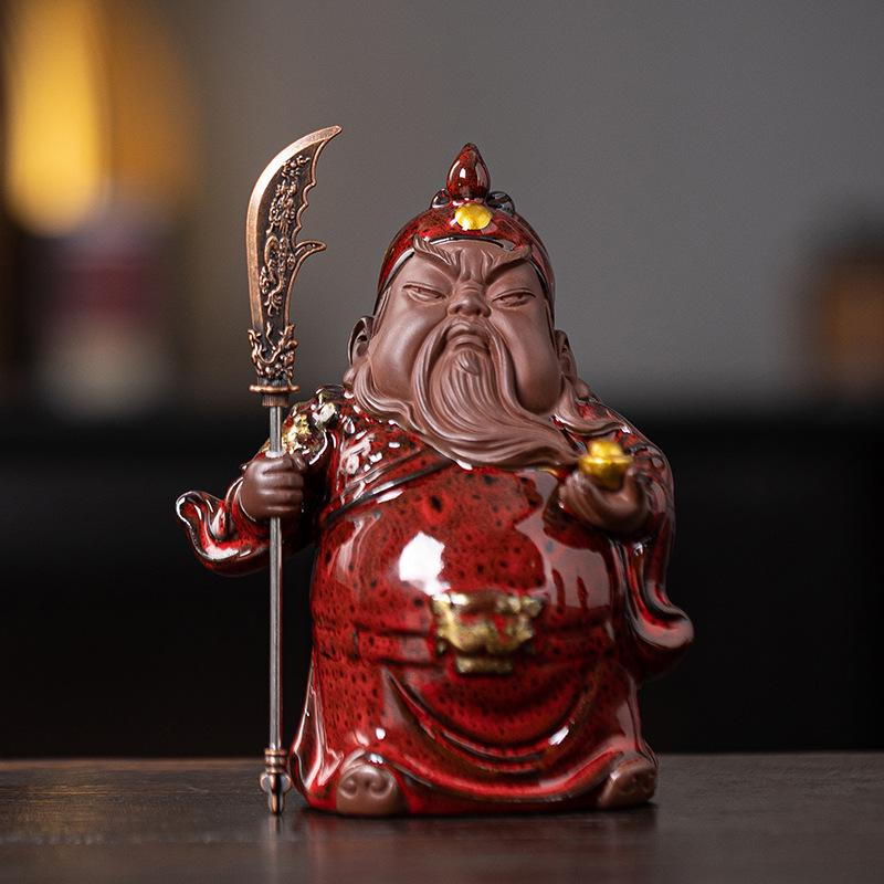 Guan Gong Martial Saint Statue: Ceramic Guan Yu Ornament for Tea Room, Living Room, or Study Decor.