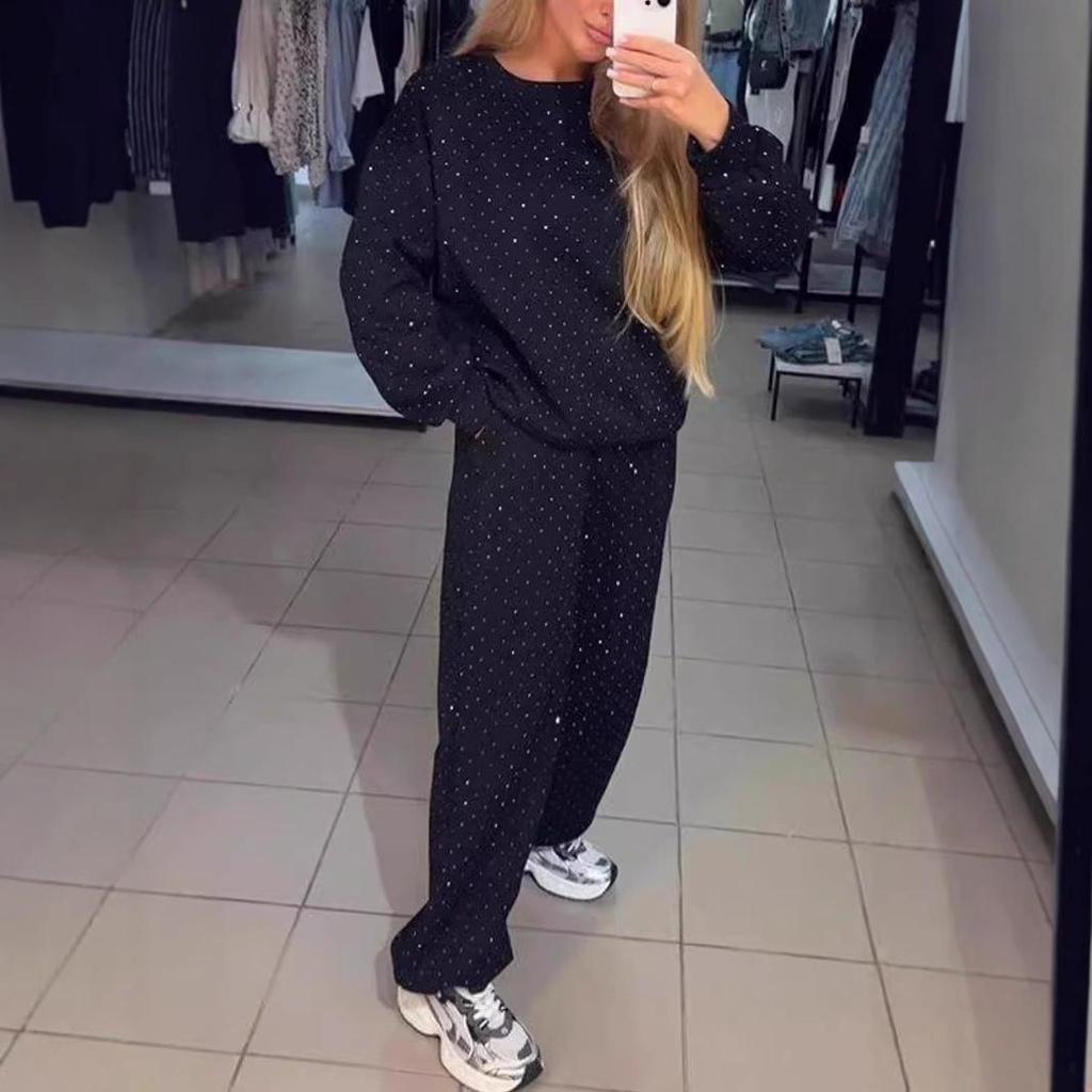 2024 Women's Casual Round Neck Long Sleeve Two-Piece Set with Hot Drill Detail and Drawstring Cuffs, Perfect for Autumn and Winter