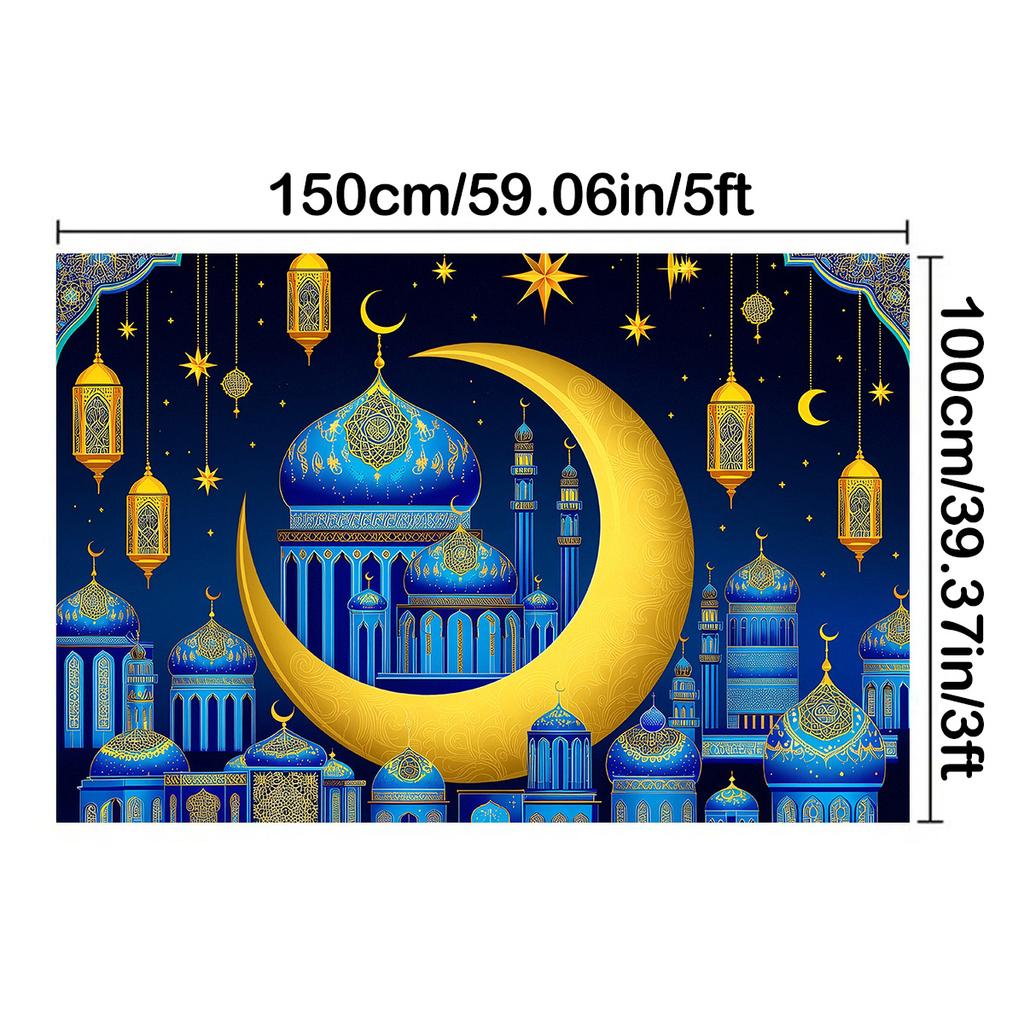 Romantic Night Sky Blue Gold EID Al Adha Background Decor,Crescen,Mosque,lantern,Moon Star Design,Festive Party Celebrations
