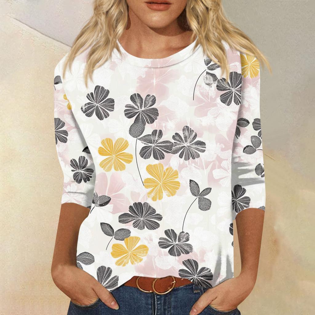 Women's Fashion Casual Round Neck 3/4 Sleeve Loose Printed T-Shirt Ladies Top