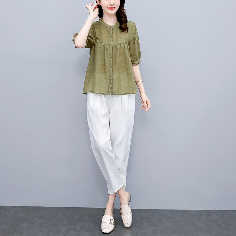 

Women s Retro Ramie Two-Piece Set: Summer 2025 Fashion Top & Pants Large