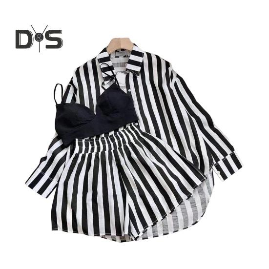 Women Striped Print Shirt Shorts Set Two-Piece Suit Loose Fit Casual Shirt Pants Solid Color Long Sleeve Top Short Summer Outfits for Women