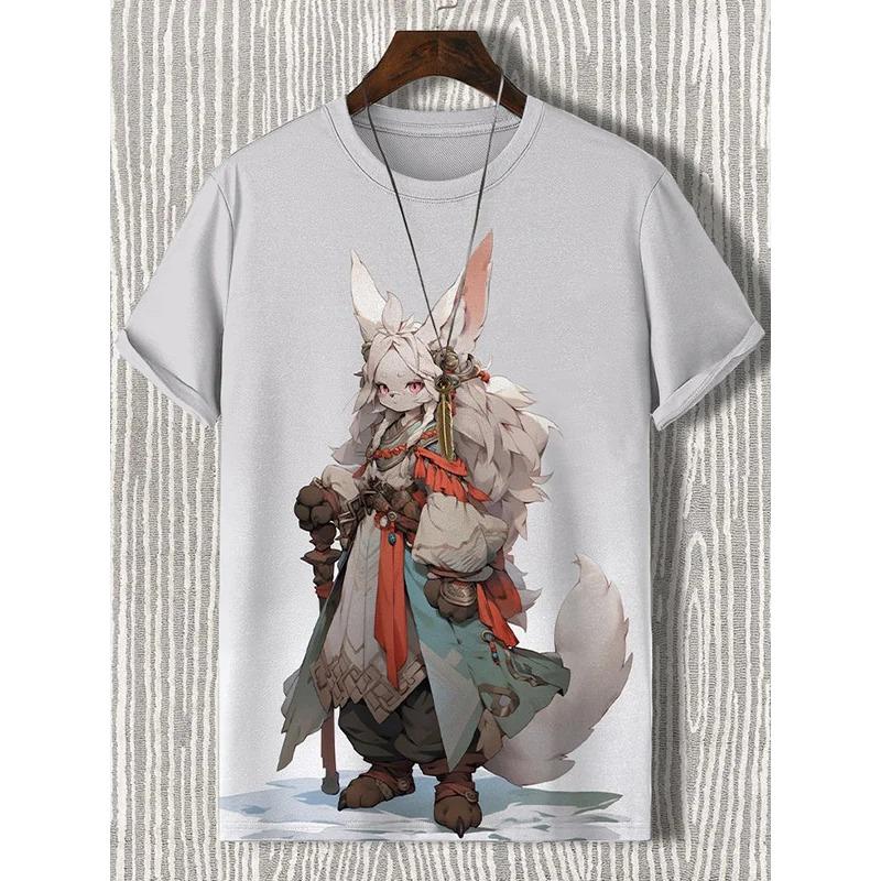 Men's T-Shirt Japanese Style Samurai Cat Graphic 3D Printed T-Shirt Casual Short Sleeved Tee Outdoor Oversized Men Clothing Tops