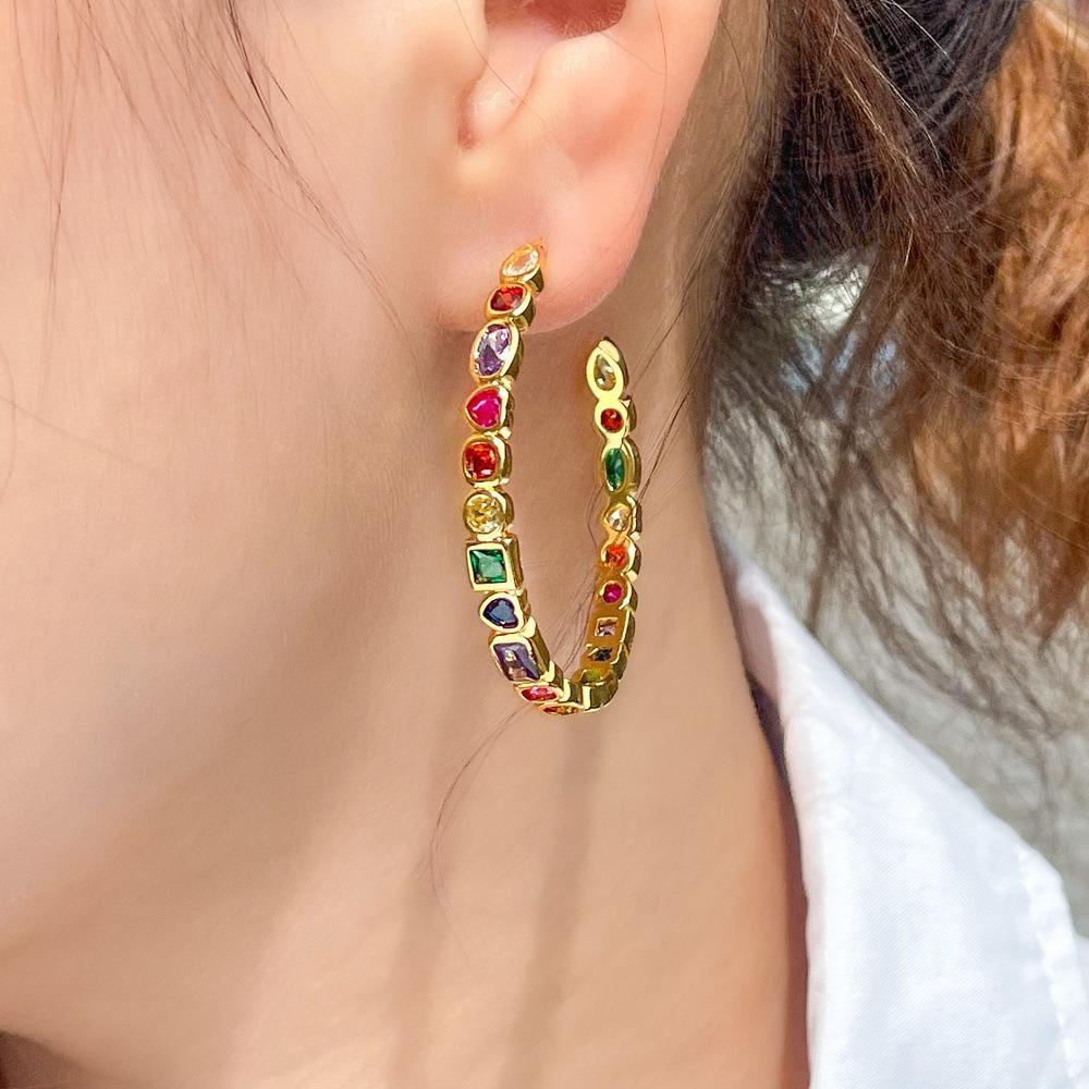 Women's Trendy Bohemia Jewelry Colorful Rainbow Cubic Zirconia Gold Plated Big Circle Hoop Earrings for Party Fashionable Gifts