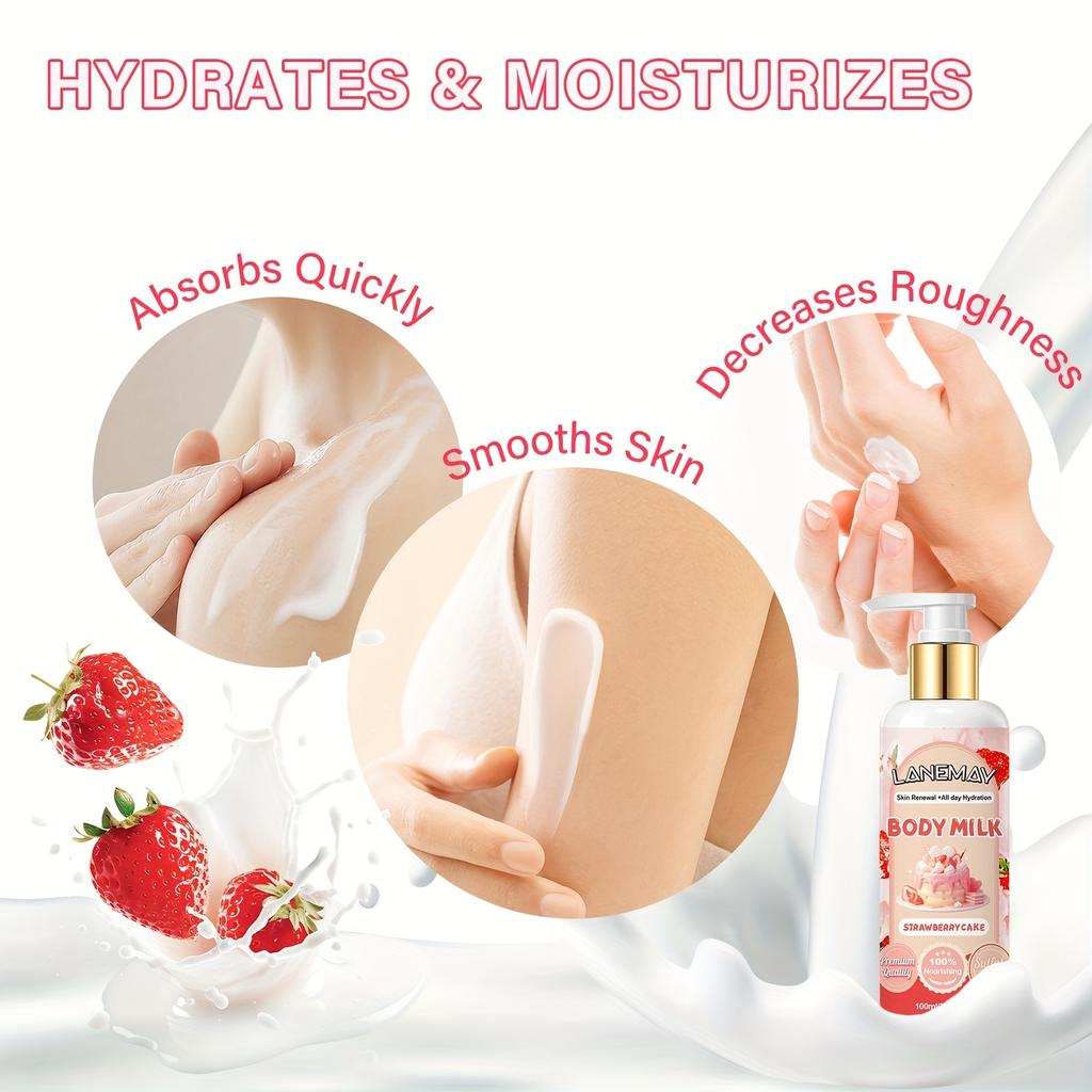 Loțiune de corp Căpșuni și Lapte - Hidratează profund și hrănește Bej deschis, Îmbunătățește moliciunea Bej deschis, Protejează împotriva uscăciunii