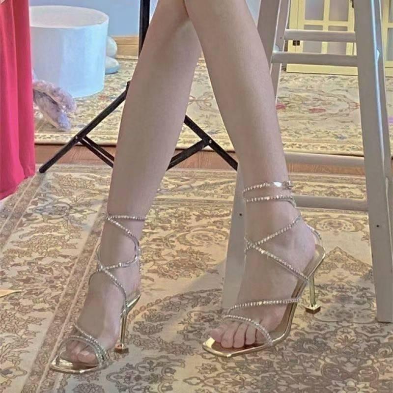 

Rhinestone High Heels Women s 2026 New Summer Heel Beautiful Sexy Open Toe Lace-up Sandals 40 золотий
