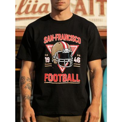 European Sizes Classic San Francisco Football Helmet Graphic Featuring Red And Golden Details On a Black Shirt, Perfect for Festive Occasions
