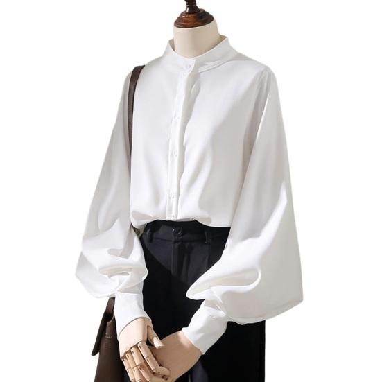 

Женская весенне-осенняя рубашка с воротником-стойкой, свободная однотонная рубашка с длинными рукавами-фонариками, формальный деловой стиль, однобортный кардиган, женская блузка для поездок на работу L белый