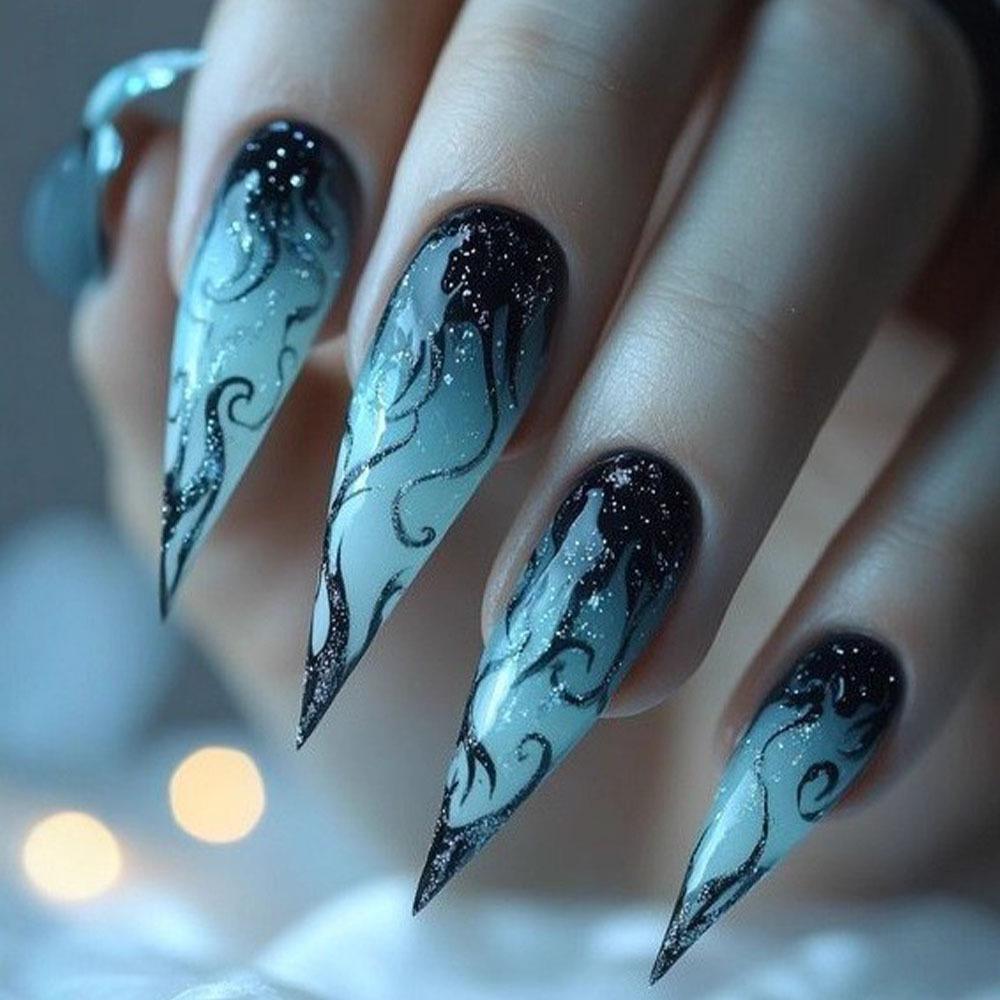 European & American Almond Dark Flower French Detachable Fake Nails