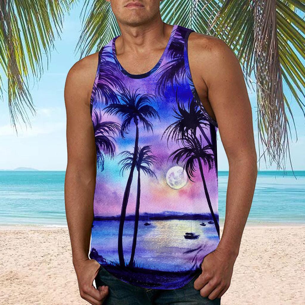 Mens Fashion Hawaiian Beach Sports Tank Top Men Gym Print Vest