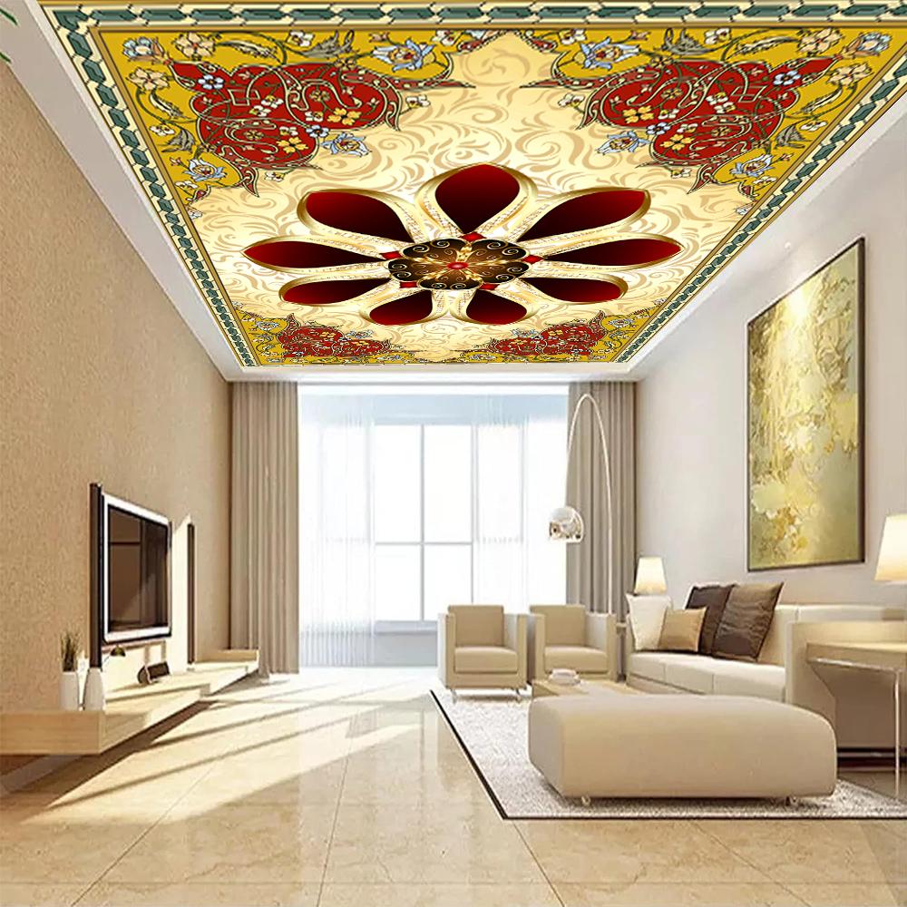 Prächtige Blumen 3D Deckenwandbild, Gold Diamant Blume Tapete für Wohnzimmer Schlafzimmer Arbeitszimmer Decke Wandbild Dekor
