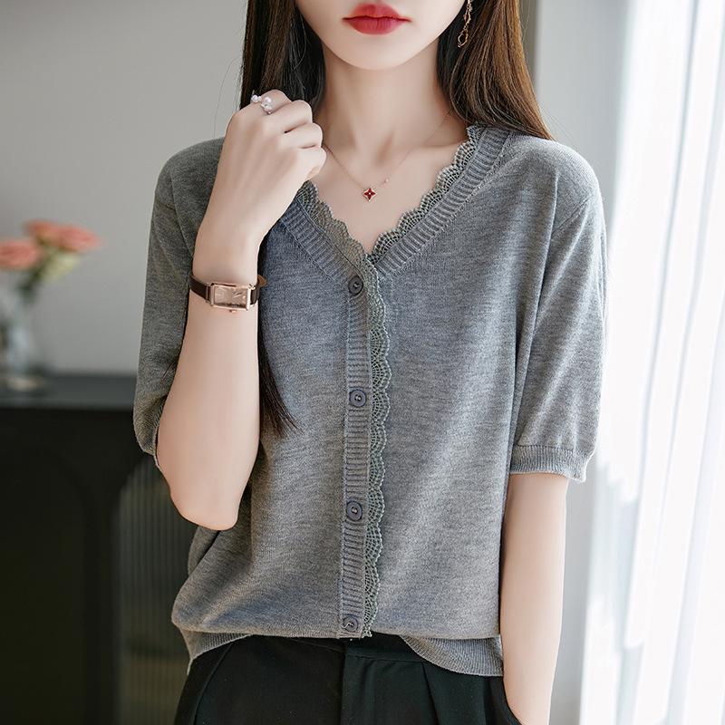 

Новый летний однотонный вязаный кардиган свободного кроя с V-образным вырезом и короткими рукавами для женщин XL серый