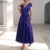ZANZEA Women Elegant V-Neck Casual Short Sleeve Satin Long Dress