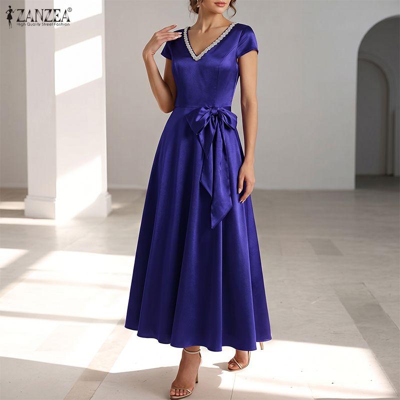 ZANZEA Women Elegant V-Neck Casual Short Sleeve Satin Long Dress