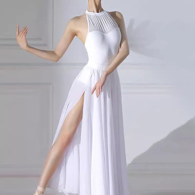 Adult Women's Sleeveless Halterneck Ballet Dance Leotard with Mesh Splice