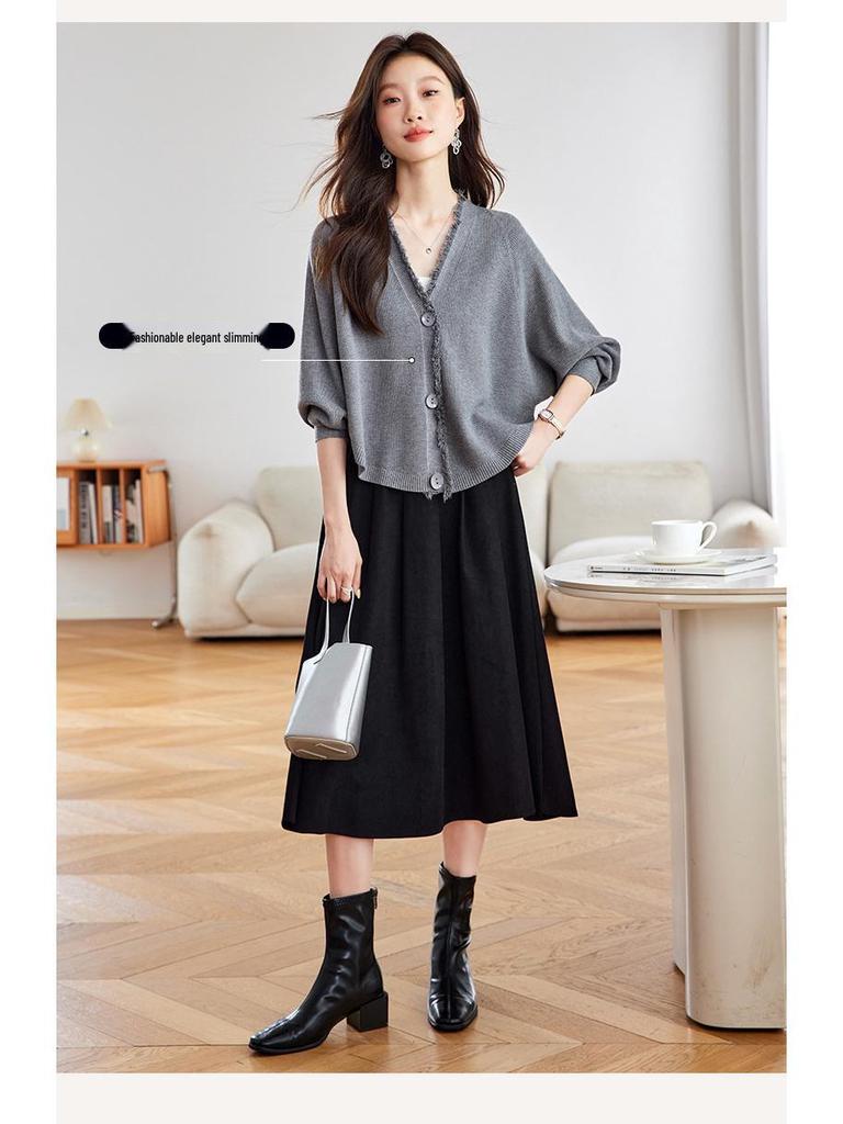 Women's Batwing Sleeve Cardigan and Skirt Set - Trendy 2025 Autumn Fashion