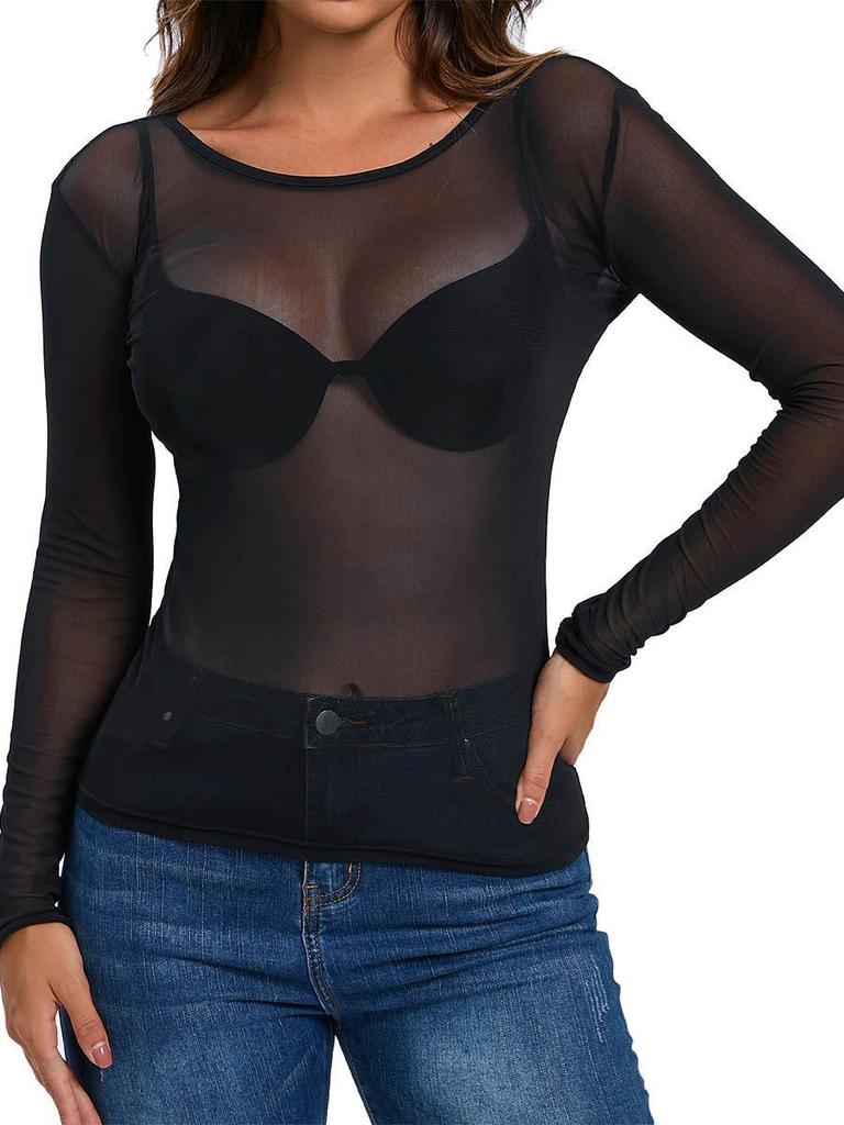 Women's Fresh Sexy Slim Fit See-through Mesh Long Sleeve Top