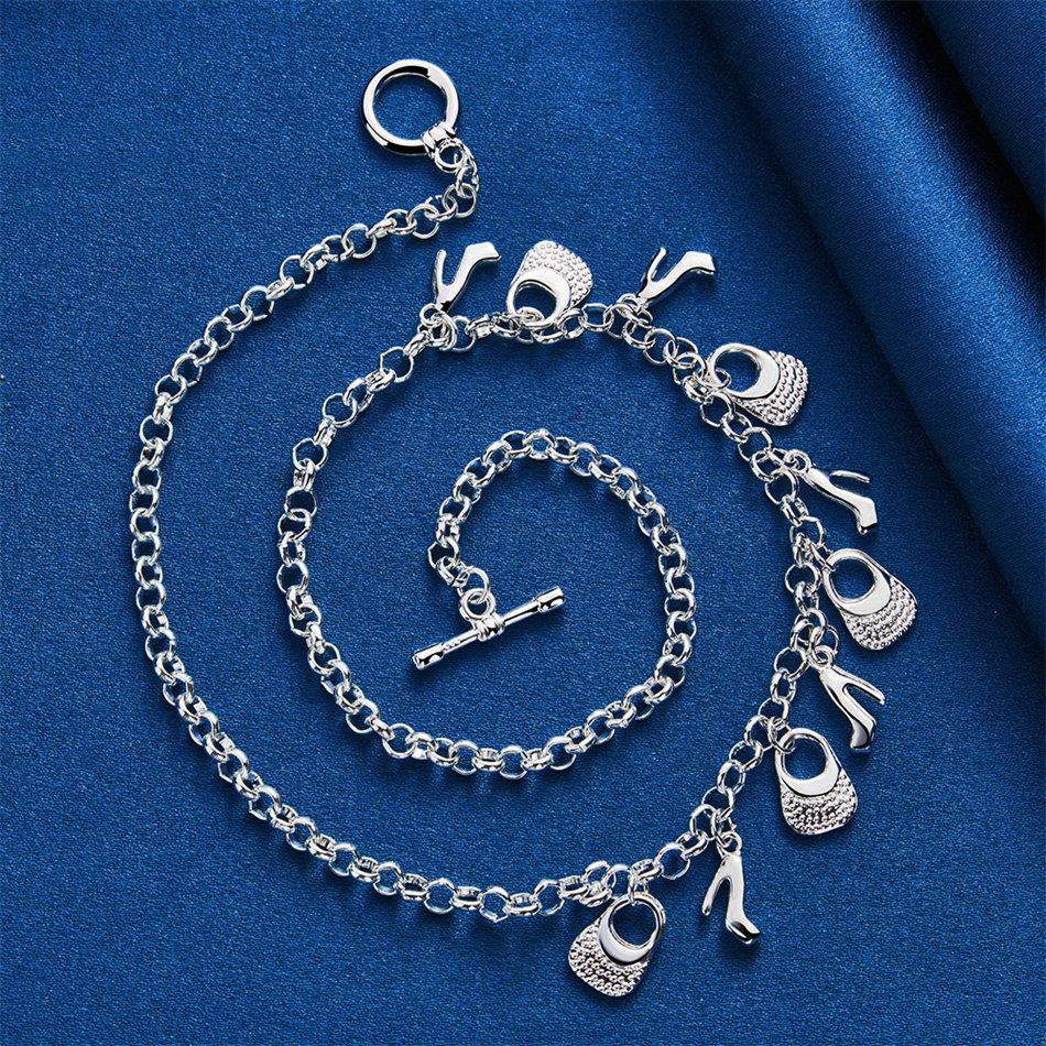 Charm 925 Sterling Silver Exquisite High Heels/Bag Pendant Necklace Women's Fashion Party Wedding Gift Jewelry