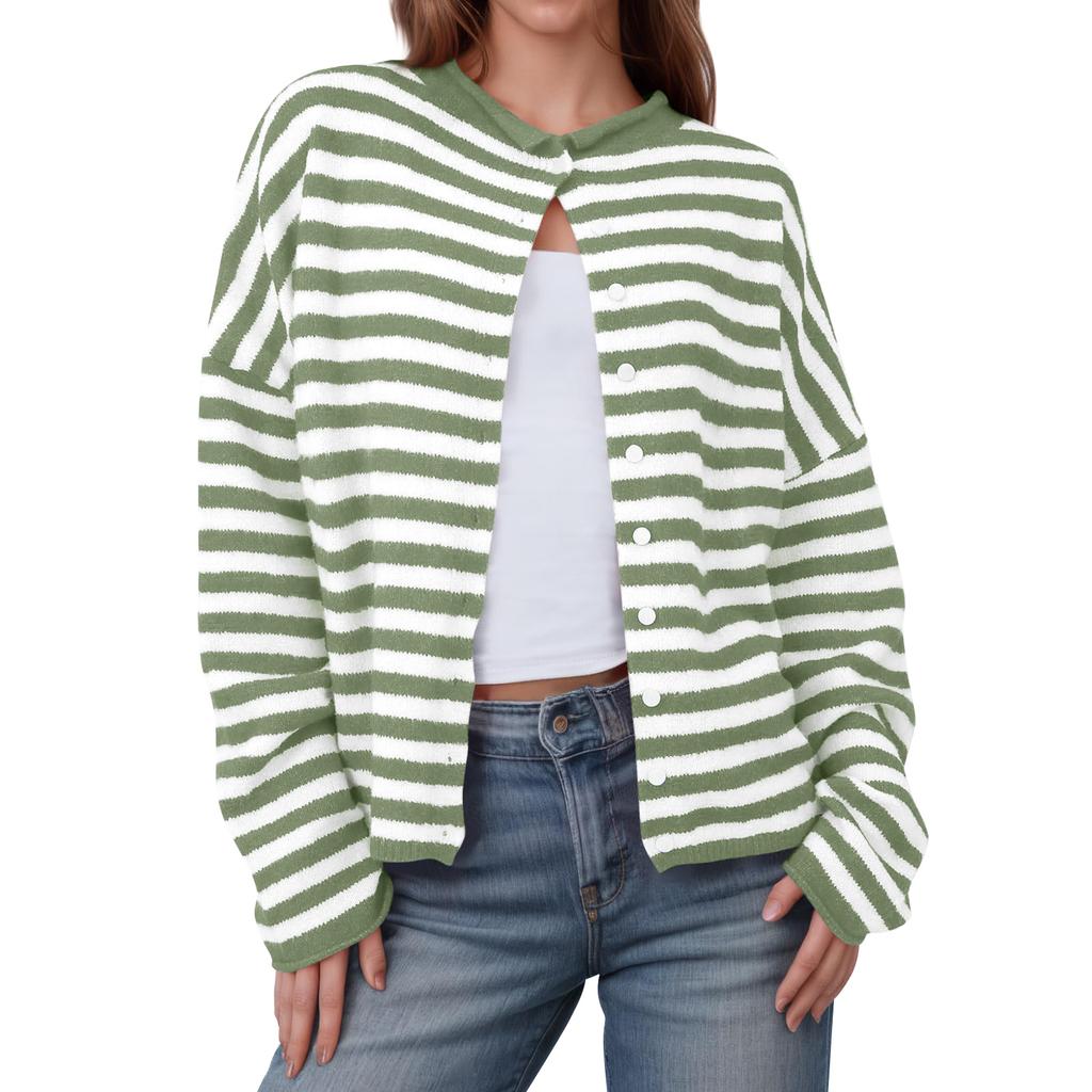 Womens Striped Cardigan Casual Long Sleeve Open Front Button Down Loose Knit