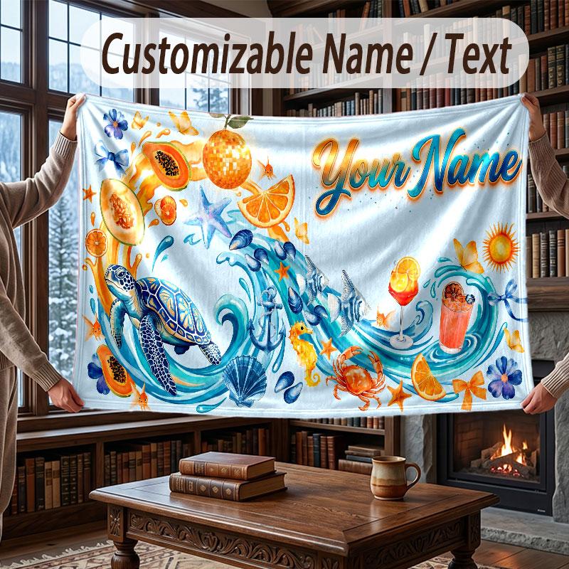 Octopus Sea Life Theme Throw Blanket Custom Name Text Personalized Blanket Soft Cozy Blanket for Home Sofa Bed