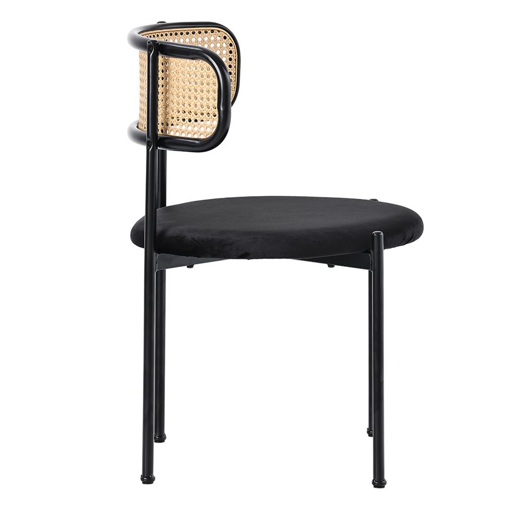 Velvet Dining Chair, Set of 2, Modern, Simple Leisure Chair with Four Metal Support Legs, Rattan Leisure Chair, Living Room and Bedroom Chair, Black
