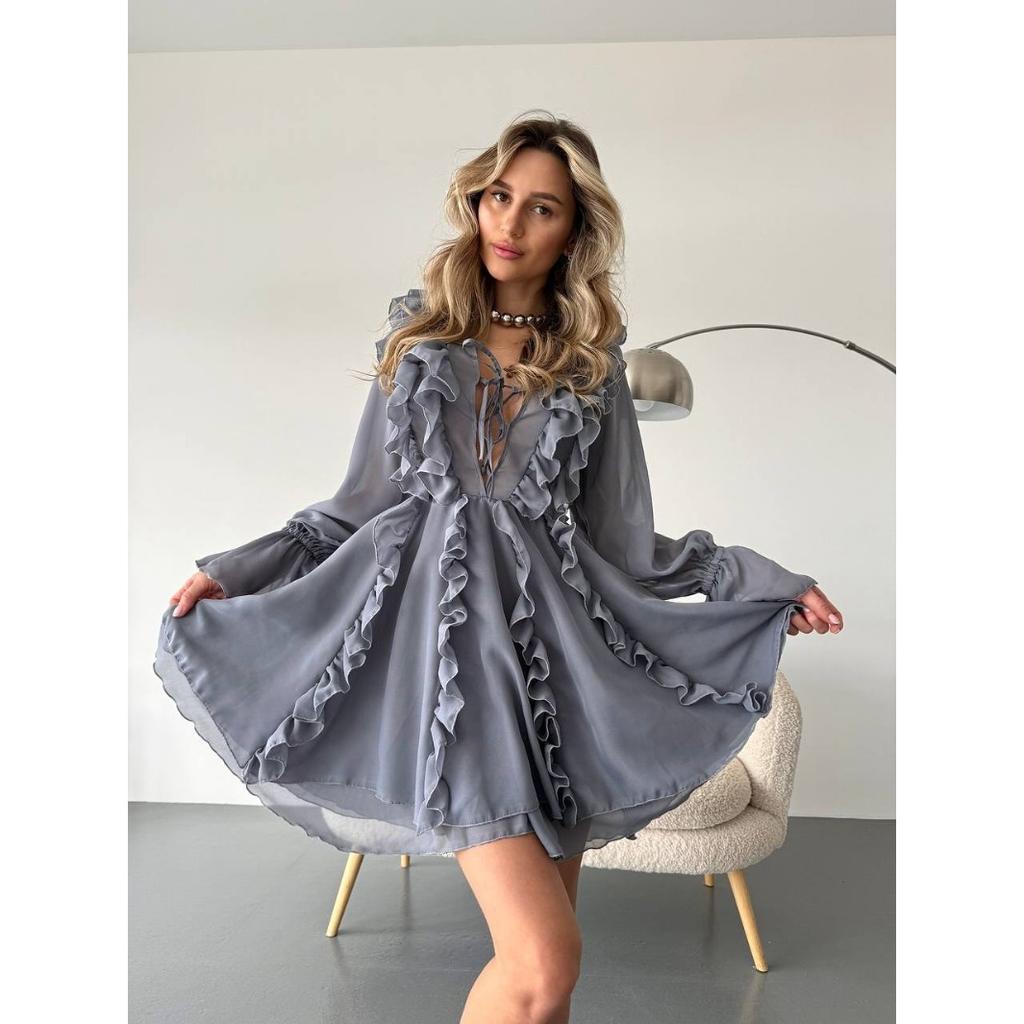 2025 Elegant Chiffon V-neck Ruffle Edge Design Dress Lace-up Long-sleeved A-shaped Skirt