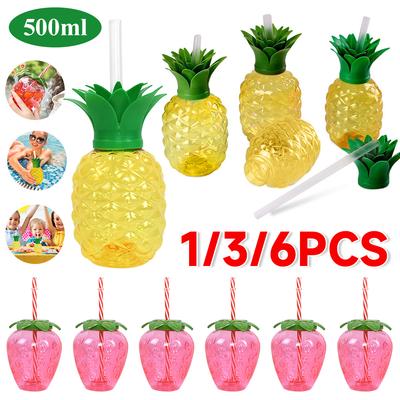1/6PCS 500ML Pineapple Straw Water Cup Strawberry Drinking Cup Hawaiian Summer Juice Cups Tropical Beach Pool Party Decorations