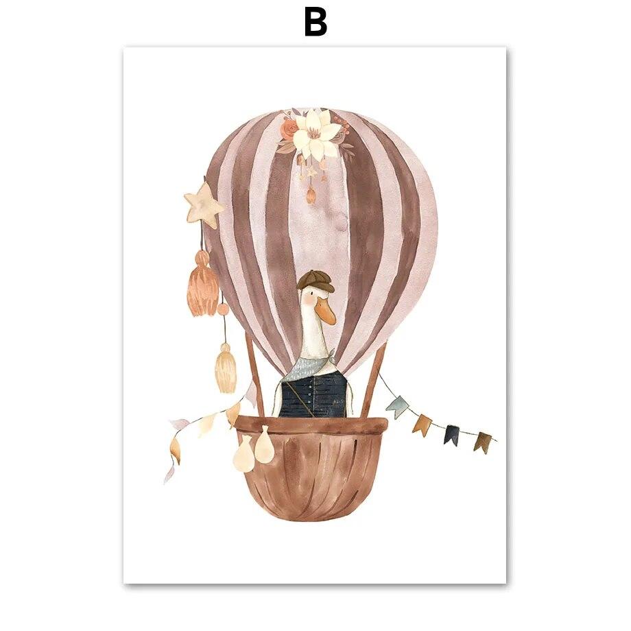 Boho Cartoon Bear Fox Goose Deer Hot Air Balloon Wall Art Canvas Painting Posters And Prints Pictures For Baby Kids Room Decor