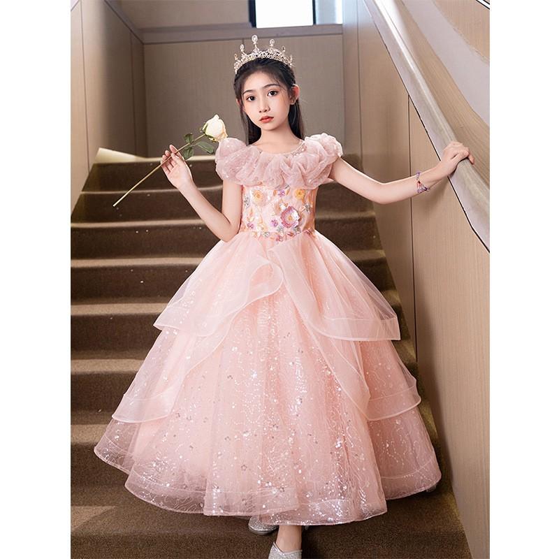 Girls Princess Dress Pink Formal Gown Pageant Piano Performance Kids Party Wear