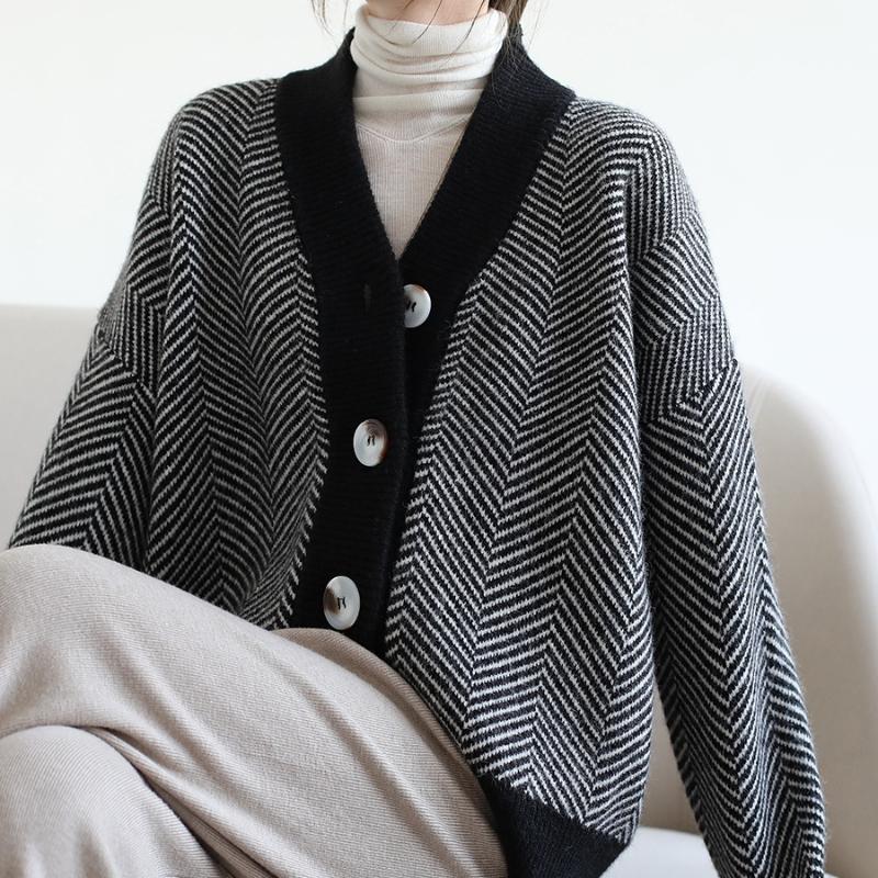 Chic Retro Knitted Cardigan Women's Sweater Striped Long Sleeve Loose Women Sweaters Jacket Outerwear Lazy Style Elegant Button Knitwear Coats 25453