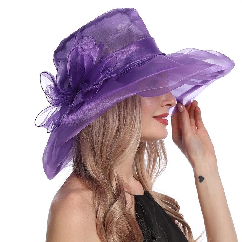 Fashion for Women Summer Organza Sun Hats Large Brimmed Elegant Ladies Beach Hat Foldable Anti Ultraviolet Church Bow Bucket Cap