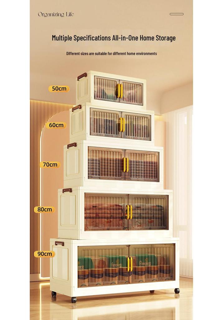 40-60cm Wide Transparent Foldable Double Door Floor Storage Cabinet with Multiple Layers