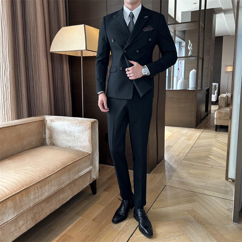 Men's Striped Double-Breasted Slim-Fit Business Casual Suit