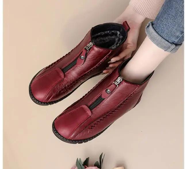 Winter Women Ankle Boots Warm Mother's Boots Flat-Bottom Comfortable Non Slip Front Zipper Closure Female Footwear