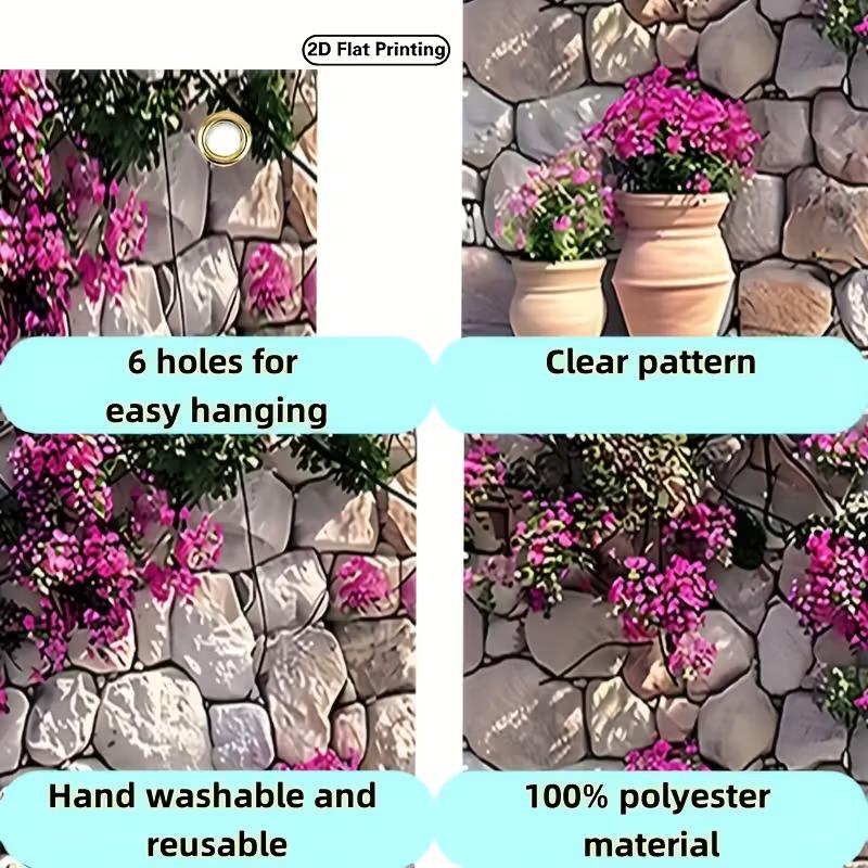 Arazzo Muro di Pietra Mediterraneo, Tessuto di Sfondo con Fiori di Bougainvillea Rosa, Decorazione per la Stanza