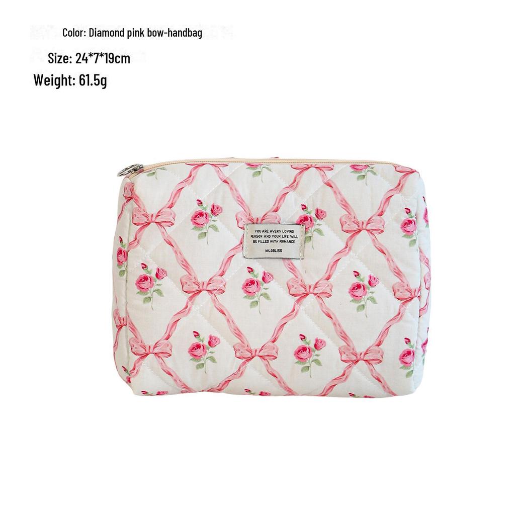 Large Capacity Plaid Quilted Cosmetic Bag with Bowknot - High-End, Stylish, Portable Storage Solution