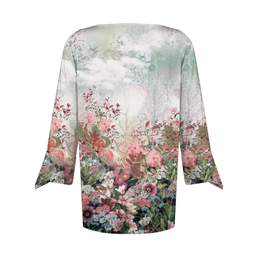 Women's Top Loose Casual V-neck Printed Blouses Bell 3/4 Sleeve T-shirt