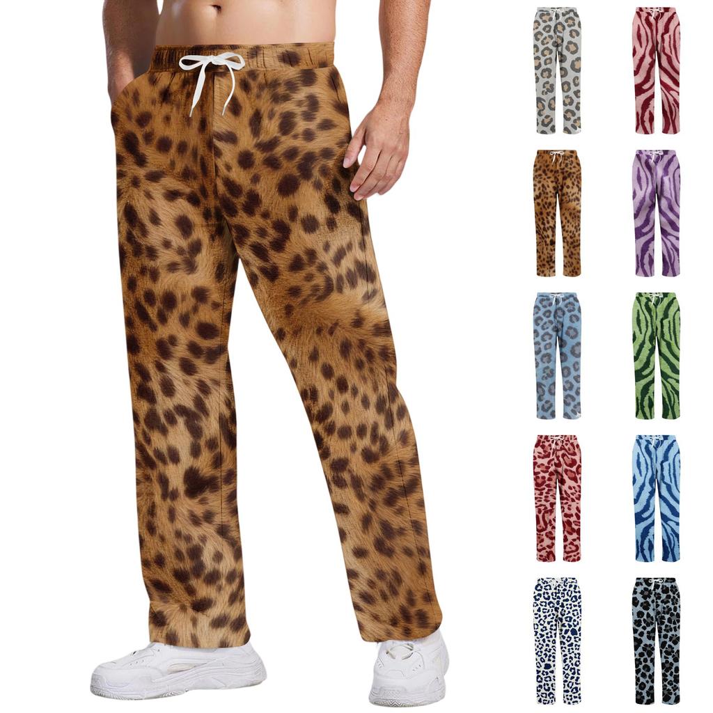 Men's Loose Fit Casual Leopard Print Pants Drawstring Waist Breathable Athletic Long Trousers for Daily Wear and Sports