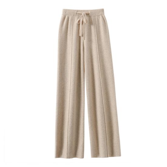 Women Long Pants Elastic High Waist Wide-Leg Knitted Pants with Pockets Solid