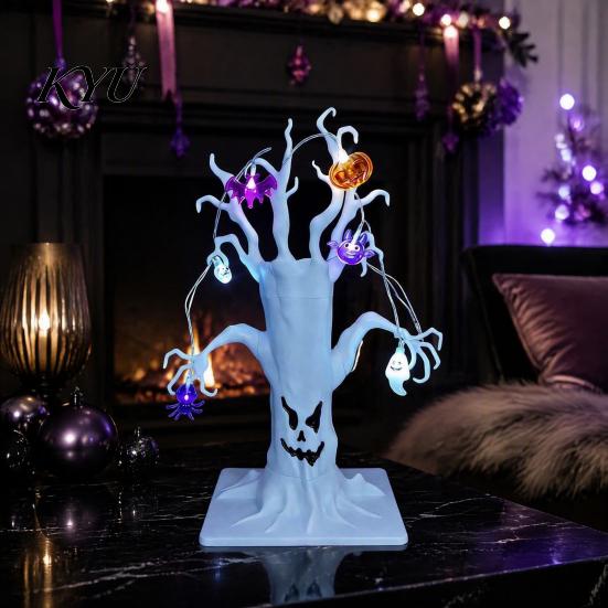 Desktop Decorations for Home Halloween Lighted Ghost Tree Centerpiece with LED Lights, Pumpkin Bat Reusable Plastic Holiday Decor Spider Light String,