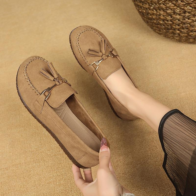 Women's Natural Leather Slip-on Ballet Flats Loafers Round Toe Fringe Casual Female Espadrilles Mccasins Shoes for Woman