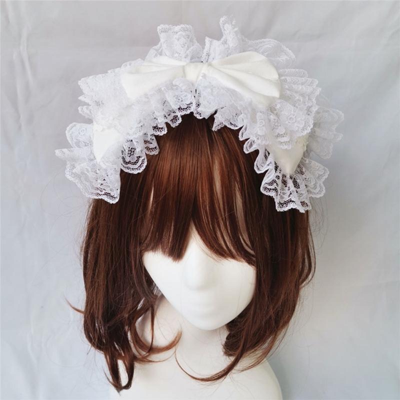 Lovely Sweet Hairband Maid Cosplay Headband Lolita Ruffled Lace Headwear Handmade Double Layer Bowknot Hair Accessory