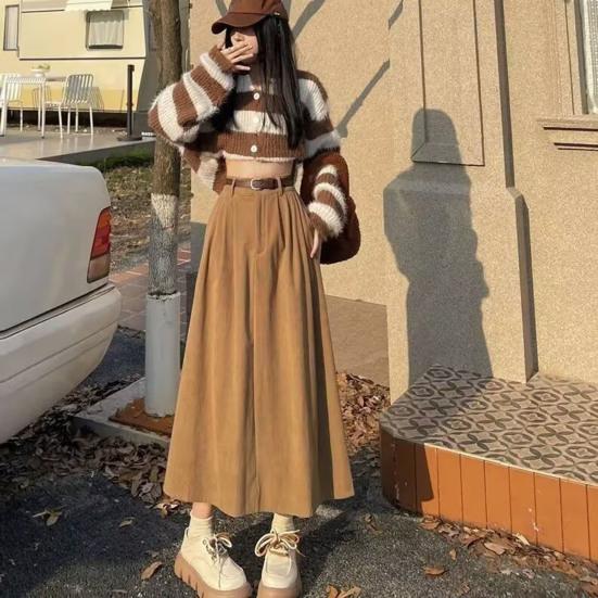 Women Skirt High Waist A-Line Large Hem Design Midi Skirt Solid Color Autumn Winter Draped Skirt Daily Wear