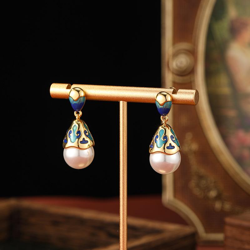 1 Pair Vintage Elegant Women's Enamel Earrings - Turquoise Blue & Golden Antique Imitation -like Drop Dangle Earrings with Ornate Chinese/-Inspired Mo