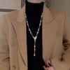 Luxury Long Pearl Tassel Necklace for Women Zircon Leaf Water Drop Shape Pearl Pendent Sweater Chains Elegent Daiy Wear Jewelry