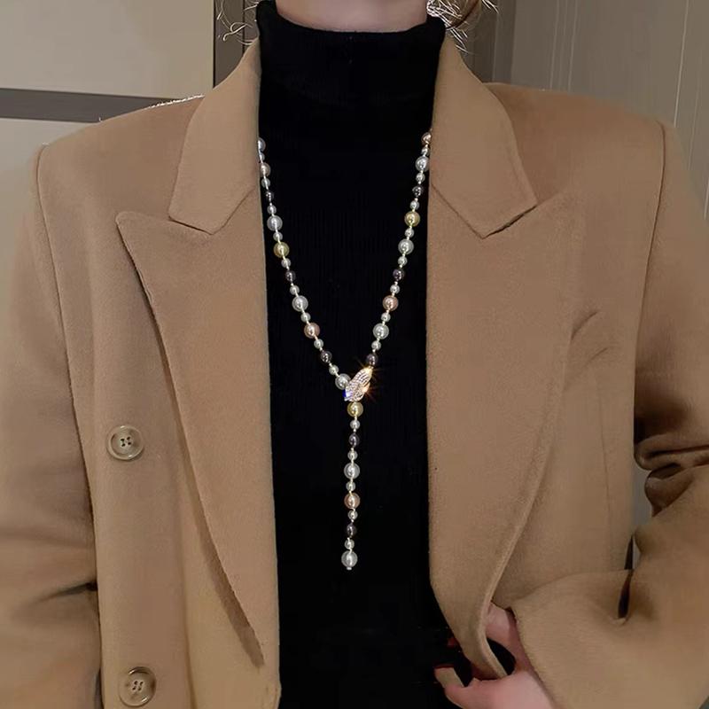 Luxury Long Pearl Tassel Necklace for Women Zircon Leaf Water Drop Shape Pearl Pendent Sweater Chains Elegent Daiy Wear Jewelry