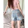 Vintage Spicy Girl Embroidered High-Waist A-Line Denim Shorts for Women - Summer Slimming Wide-Leg Fit