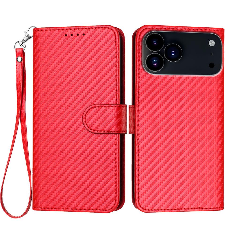 For iPhone 17 Pro Wallet Case with Strap Carbon Fiber Texture Leather Mobile Cover