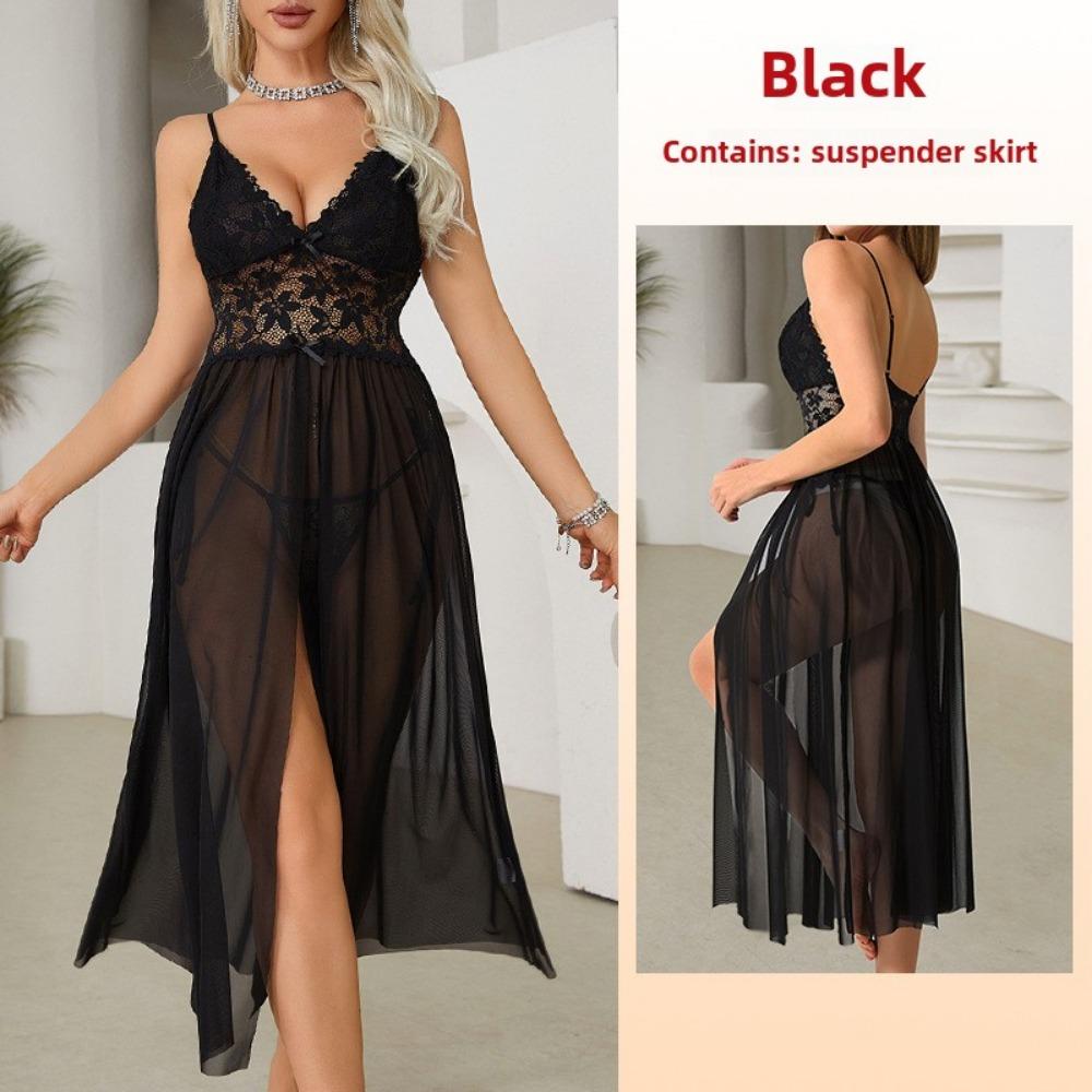 Large Size Erotic Underwear Sexy Mesh Lace Pajamas Split Suspender Skirt Long Loungewear