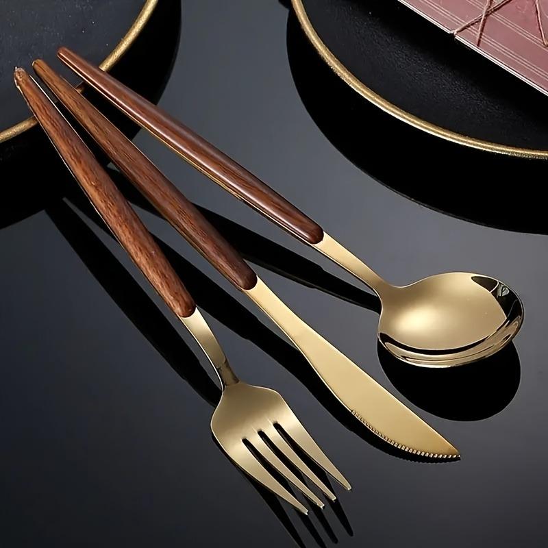11Pcs Gold Cutlery Set Stainless Steel Flatware Wooden Handle Mirror Polished Steak Knife Fork Spoon Teaspoon Gift Box for Home